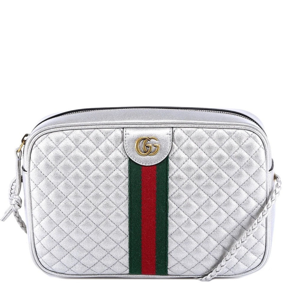 Gucci Laminated Metallic Silver Quilted Trapuntata Crossbody Camera Bag